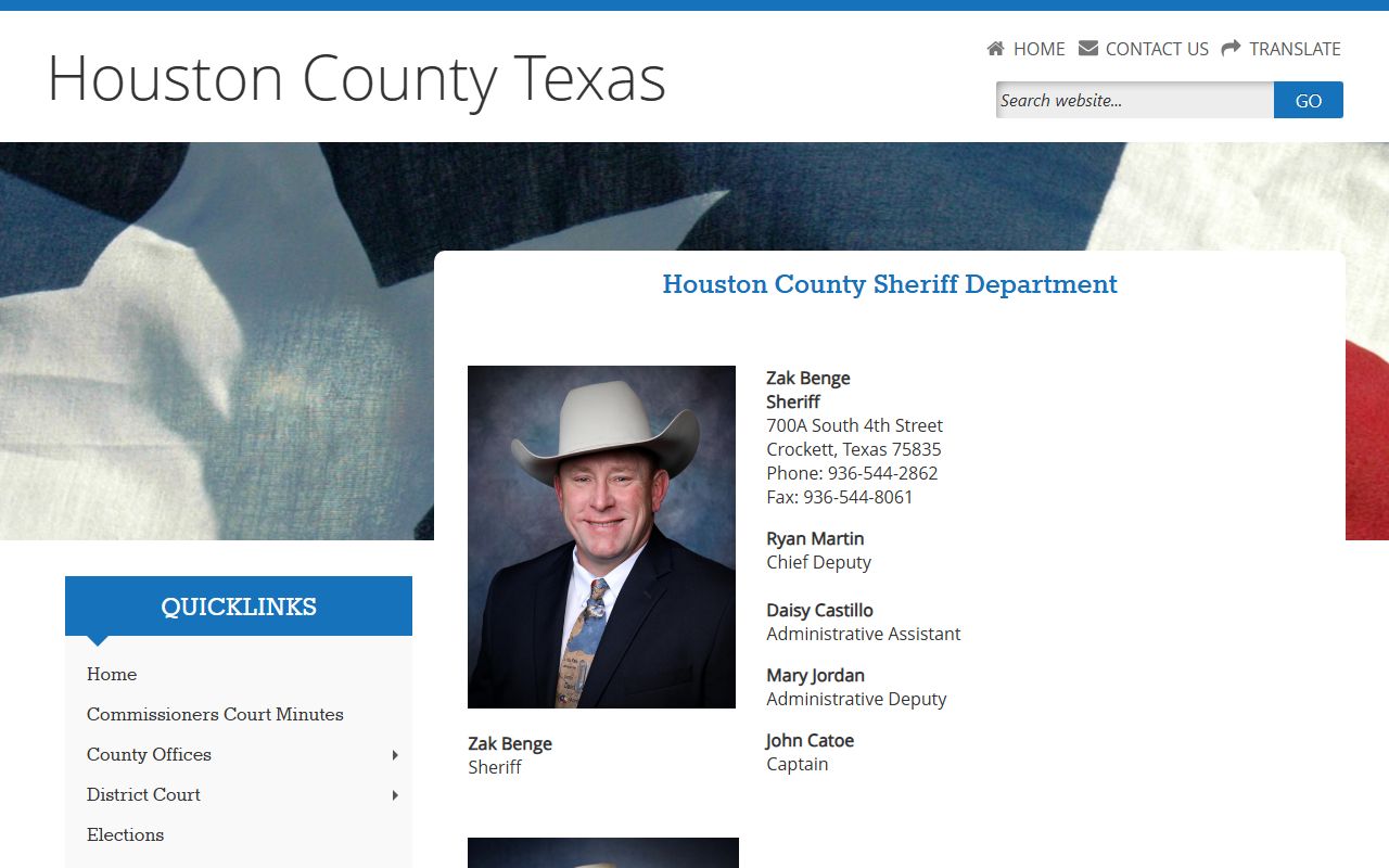 Houston County Sheriff Department page with current inmates, open records, IVSS, and jail contact information