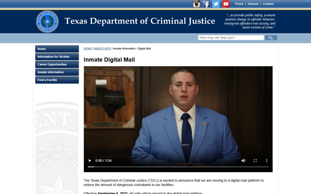 TDCJ digital mail address and routing rules for sentenced prisoners