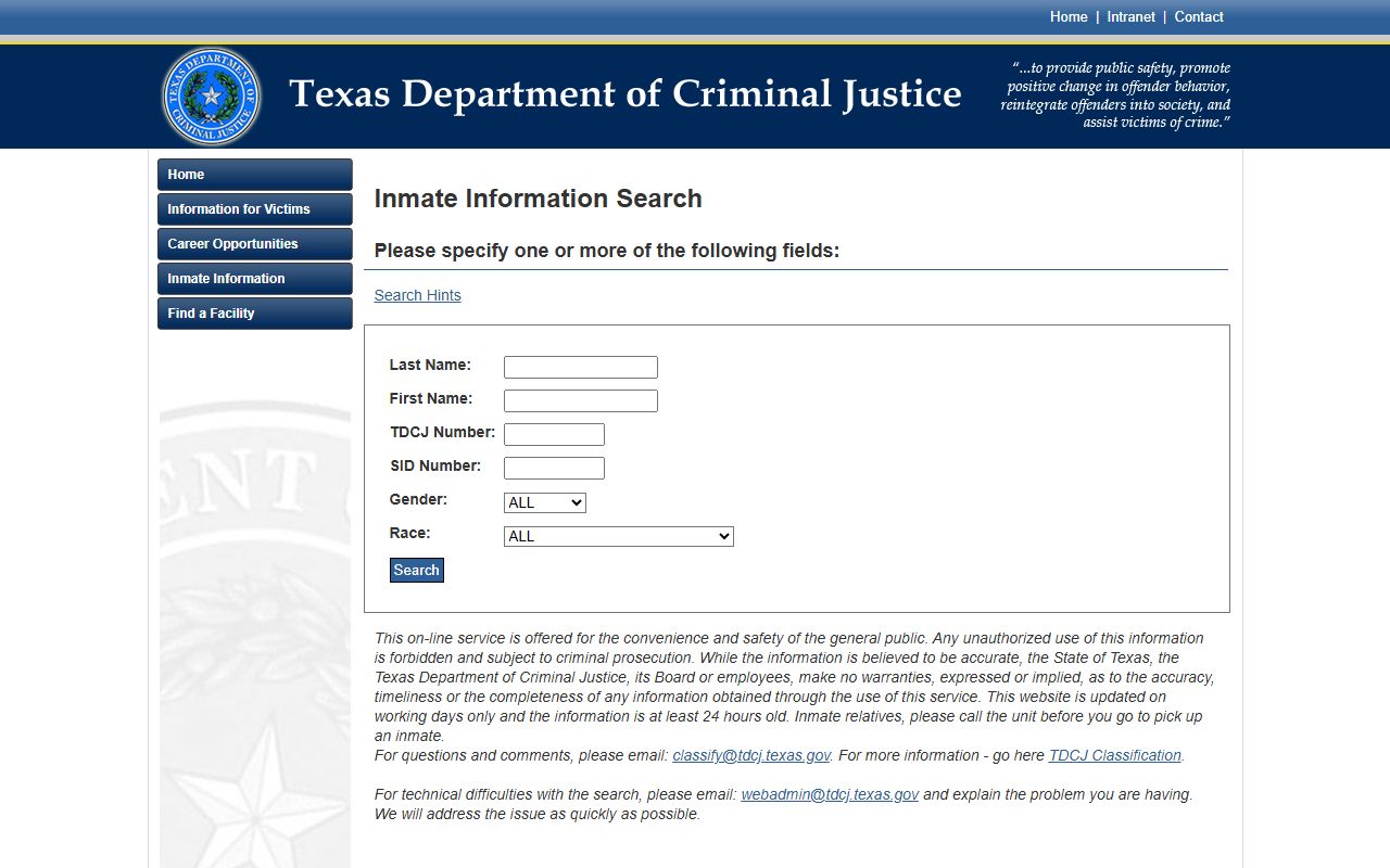 TDCJ statewide inmate search form for locating sentenced Texas prisoners