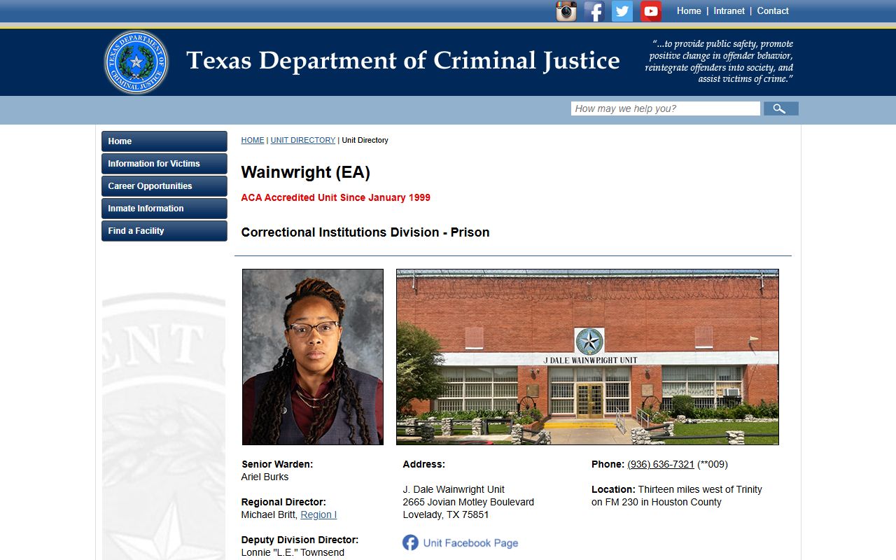 Official TDCJ Wainwright Unit page with capacity, custody levels, programs, and facility details